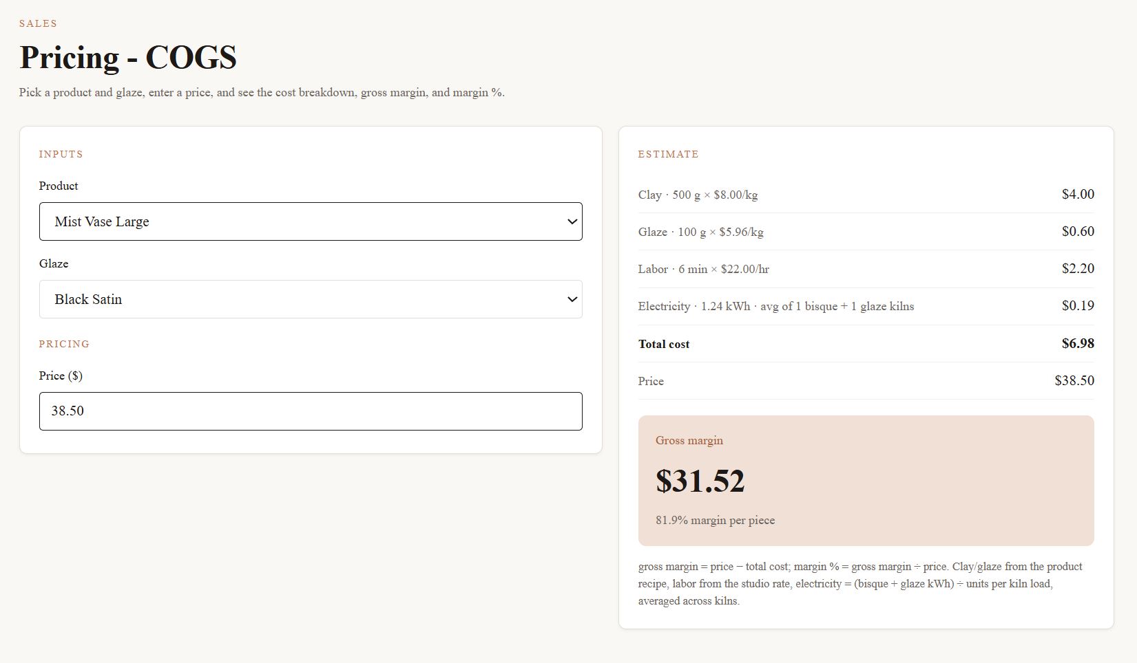 KilnStack cost and margin calculator