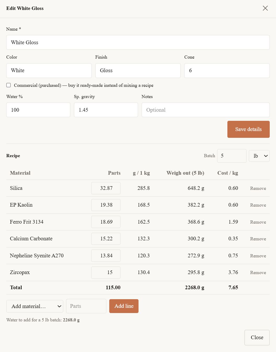 KilnStack glaze recipe editor with batch scaling and cost